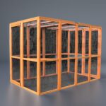 Image virtuelle d’un enclos de protection pour chat (catio), fabriqué à Colmar en Alsace. Structure en bois fermée par un filet, y compris sur le toit. Cet espace sécurisé permet aux chats de profiter du plein air sans risque de fuite ni d’intrusion.