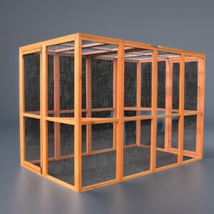 Image virtuelle d’un enclos de protection pour chat (catio), fabriqué à Colmar en Alsace. Structure en bois fermée par un filet, y compris sur le toit. Cet espace sécurisé permet aux chats de profiter du plein air sans risque de fuite ni d’intrusion.