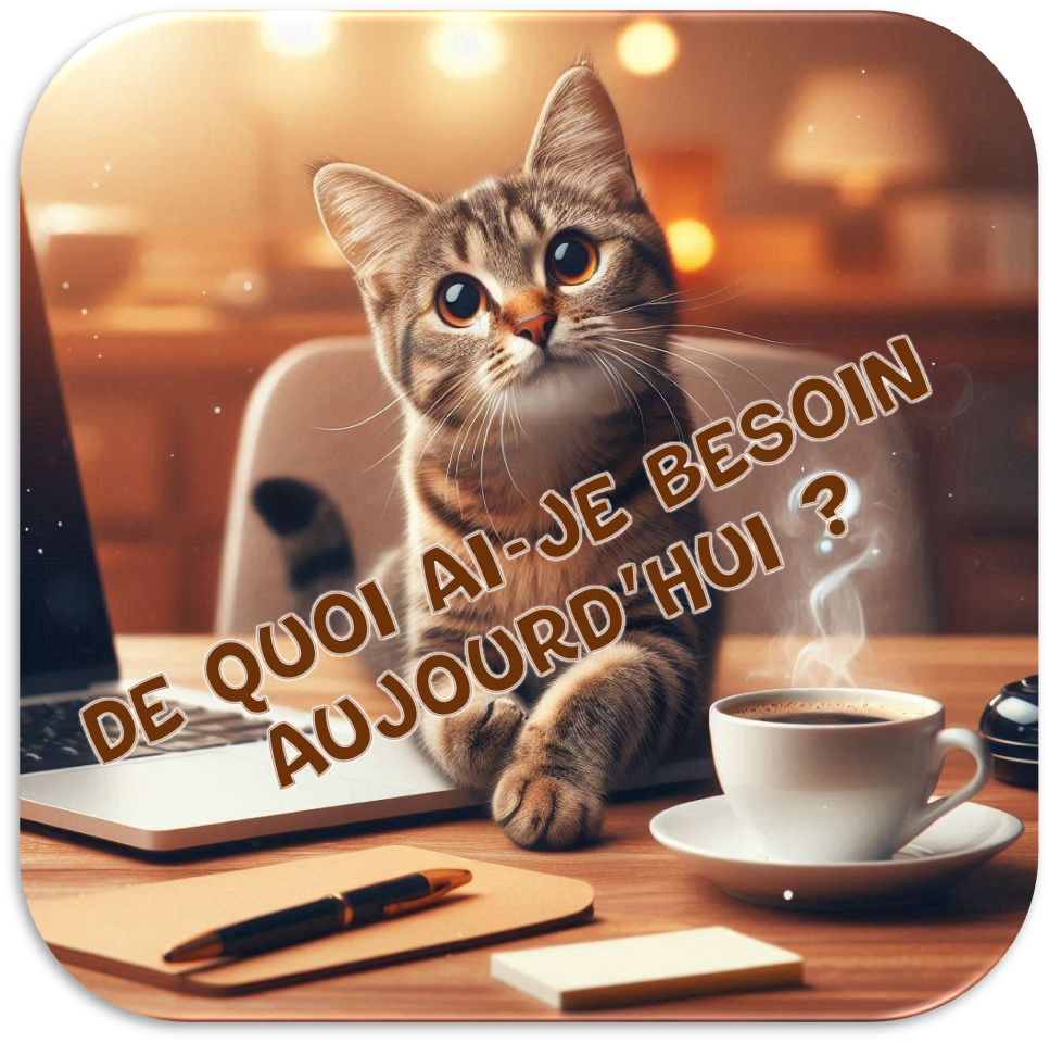 Un chat, à un bureau avec un café, se demande de quoi il a besoin aujourd'hui. Il présente les différents services proposés par le site.