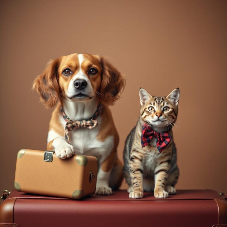 Un chien et un chat ont préparé leur valise et se sont fait tout beau pour partir en vacances.