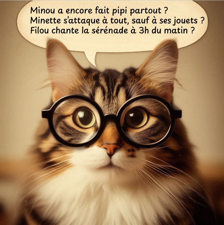Chat minou se pose des questions pour expliquer le travail d'un comportementaliste félin.