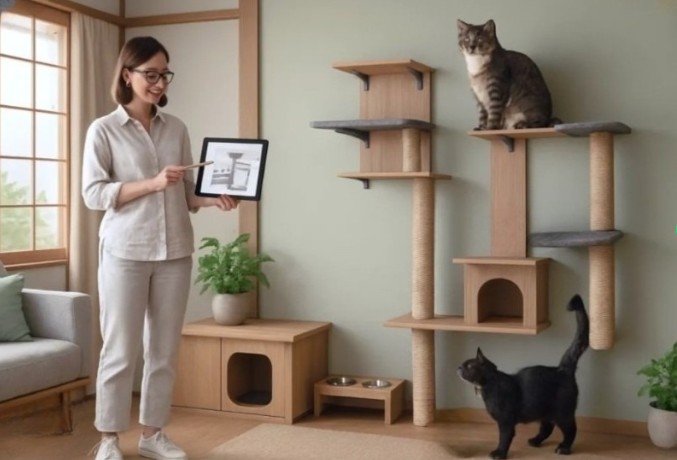 Une femme expose son travail de réaménagement de l'espace intérieur de chats.