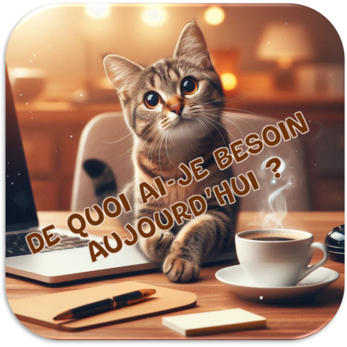 Un chat, à un bureau avec un café, se demande de quoi il a besoin aujourd'hui. Il présente les différents services proposés par le site.